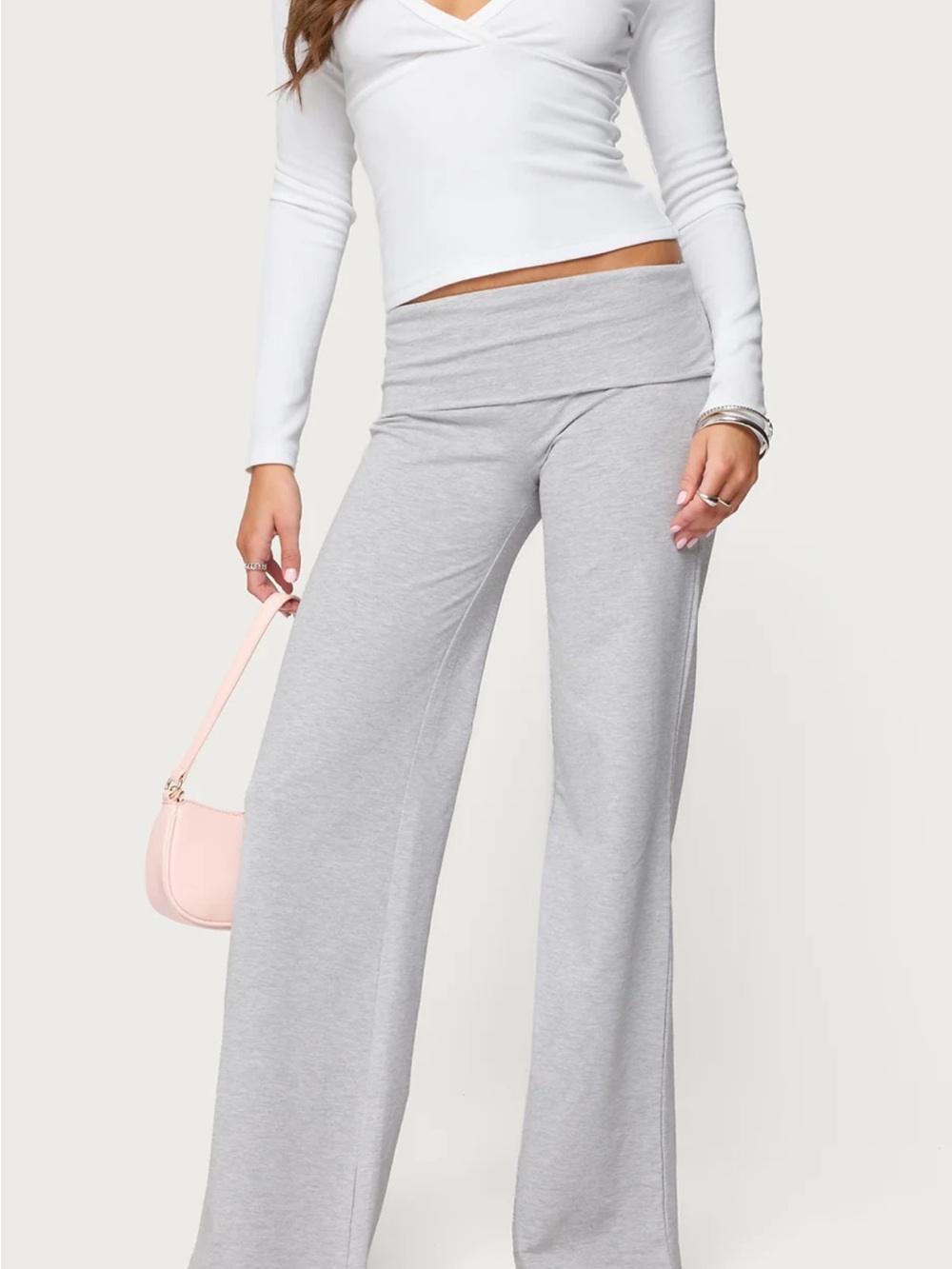 Gray Fold-Over Waist Boot-Cut Lounge Pants